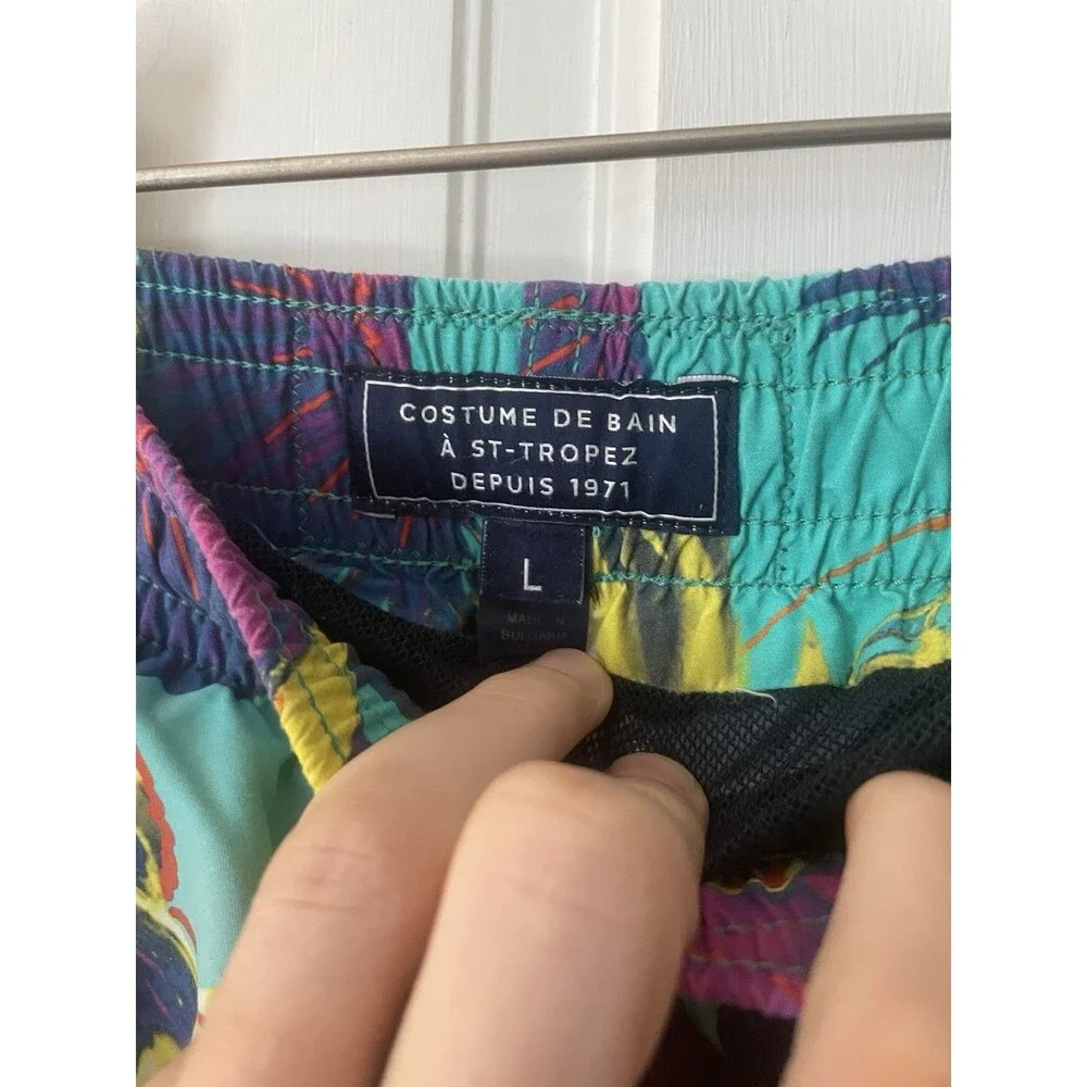 Vilebrequin Saint-Tropez Men's Swim Shorts Large Teal Purple Yellow Birds